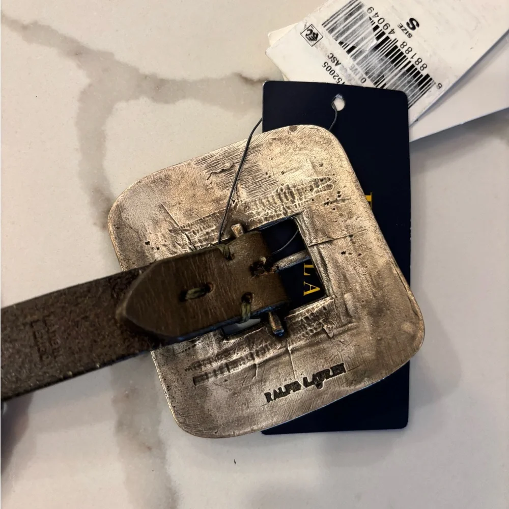 Polo Ralph Lauren Western Distressed Leather Metal Accent Belt Olive Small NWT - Picture 9 of 11